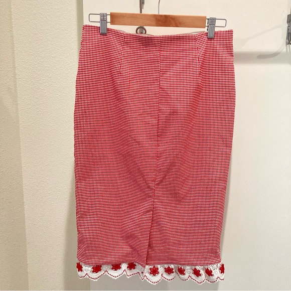 New York and Company red and white gingham midi pencil skirt lace trim - Picture 2 of 11